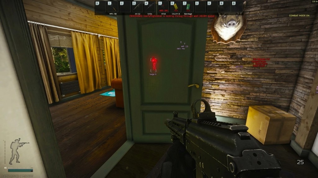Escape from Tarkov indoor wallhack with red player silhouette through a door