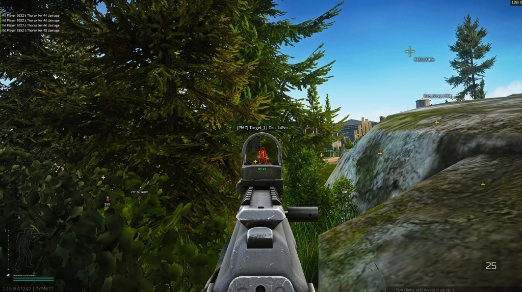 Escape from Tarkov forest fight with red-dot aim and player ESP labels